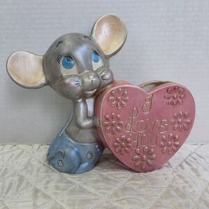Vintage 1972 Gare Inc. Mouse & Heart "I Love You" Ceramic Planter Vase Valentine